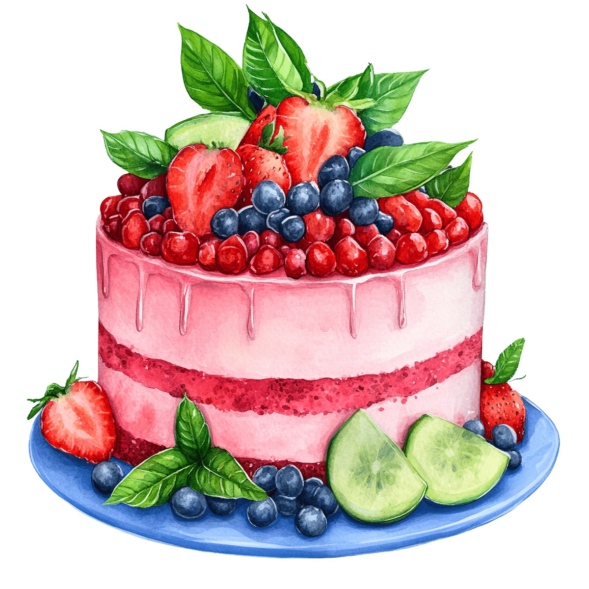 Layered cake with strawberries, blueberries, and green leaves on top.