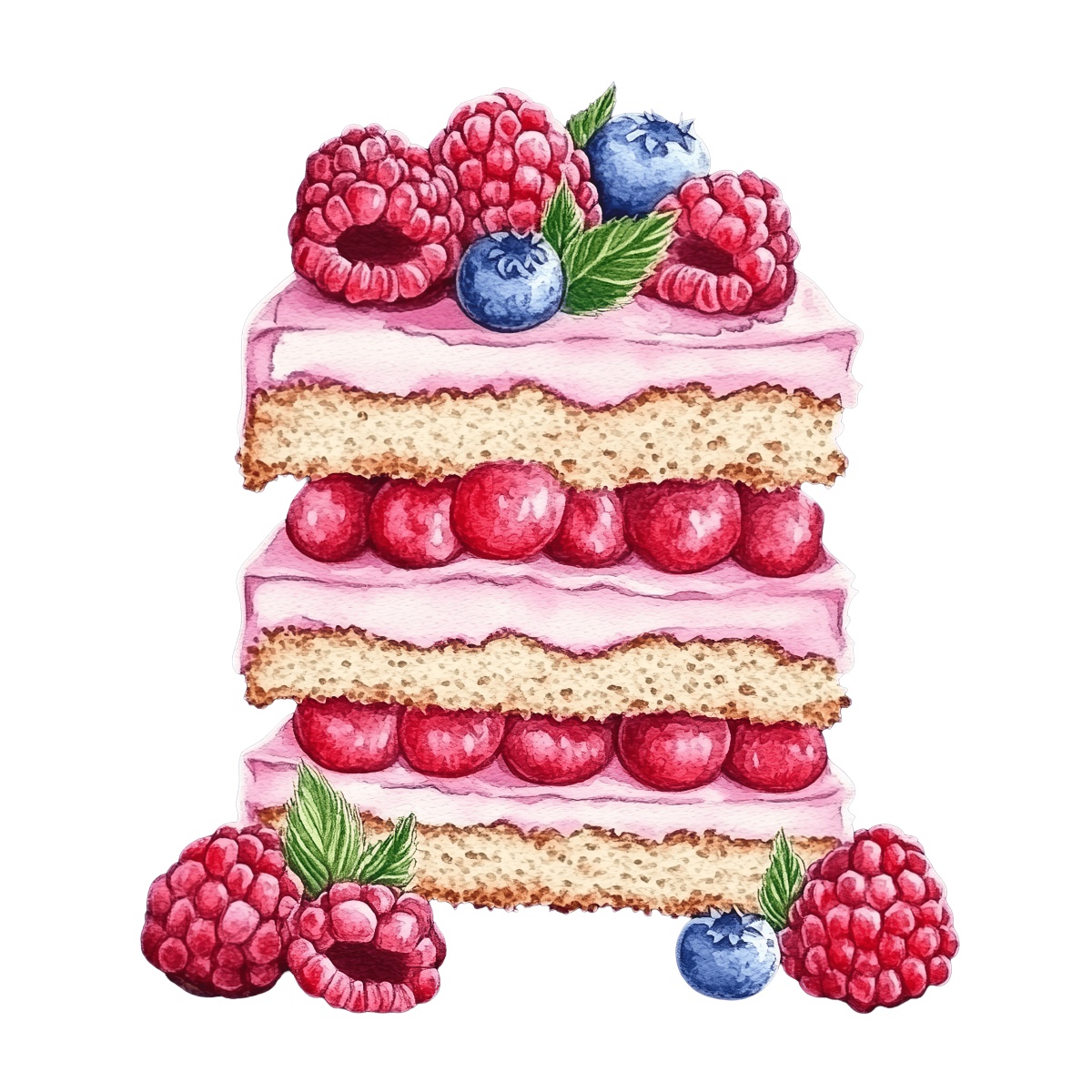 Layered cake with raspberries and blueberries on top, decorated with leaves.
