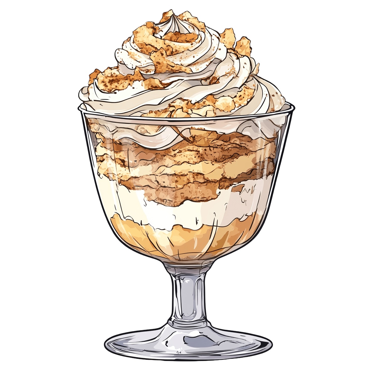 Layered dessert in a glass with whipped cream and crumb topping