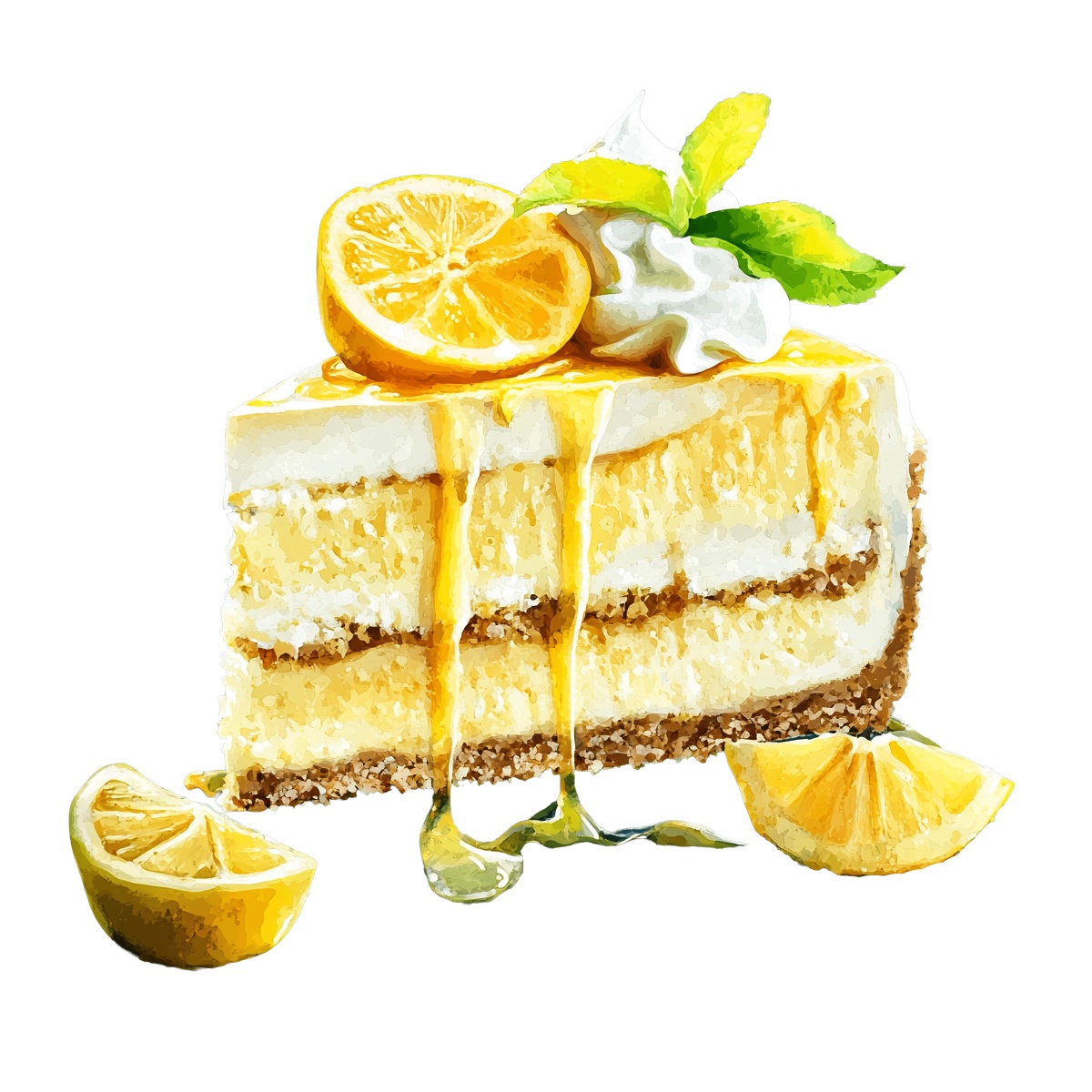 Lemon cheesecake slice with lemon drizzle and mint garnish on top
