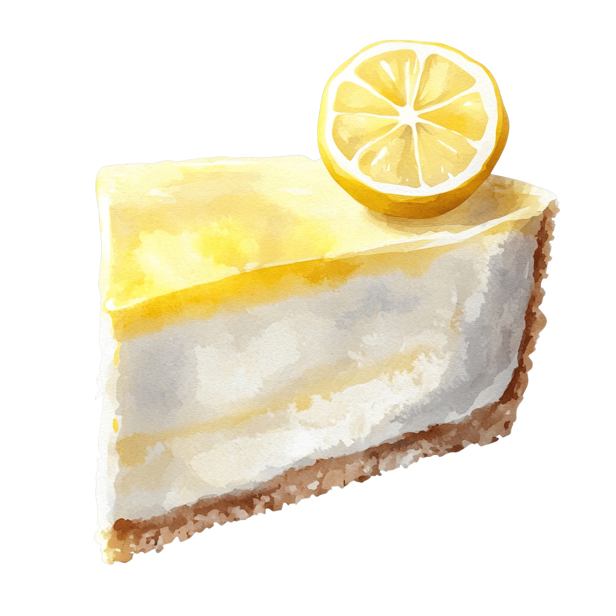 Watercolor lemon cheesecake slice with a lemon wedge on top
