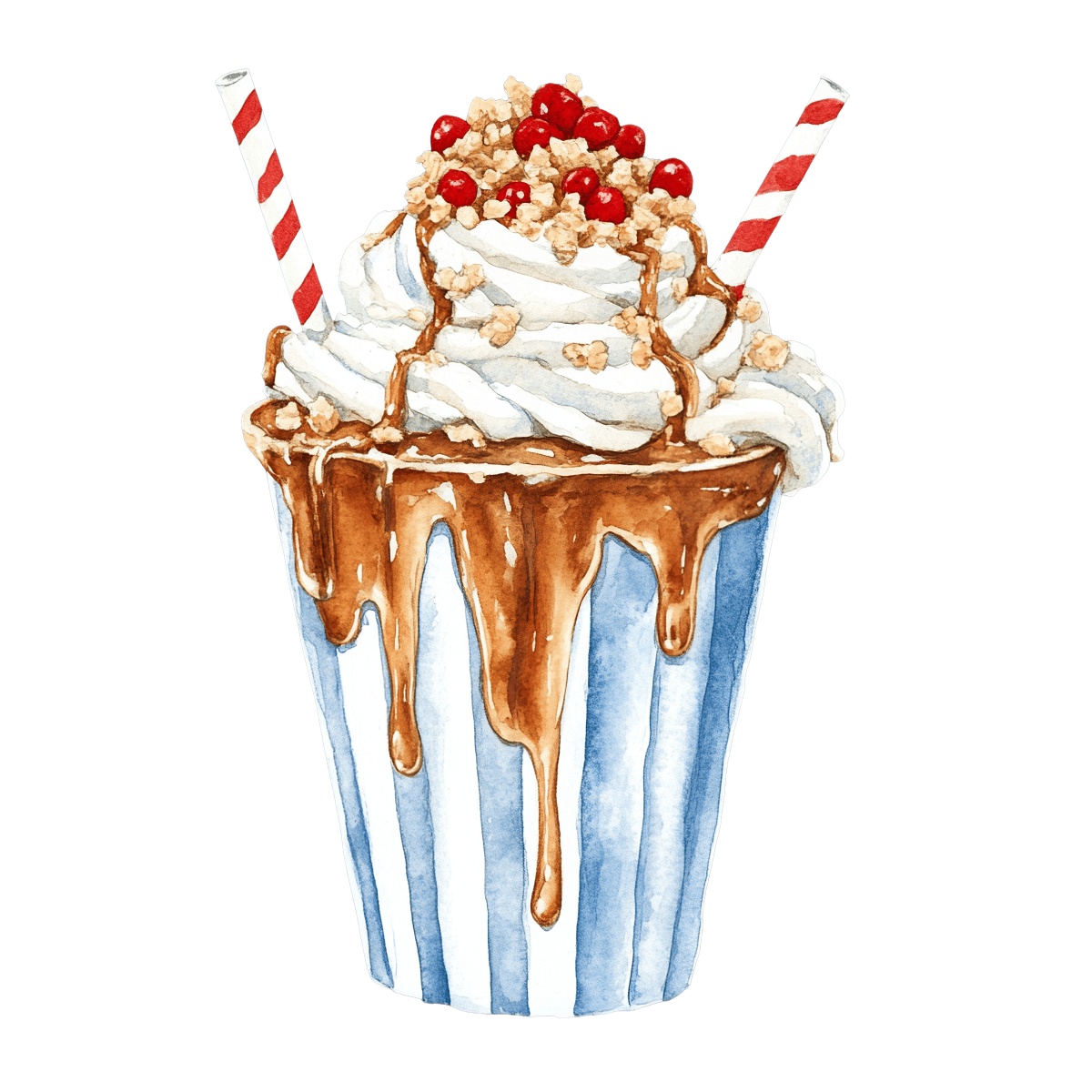 Milkshake with whipped cream, red berries, and caramel drizzle in a striped cup.