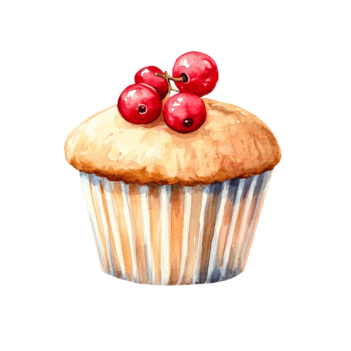 Muffin with red berries on top in watercolor style.