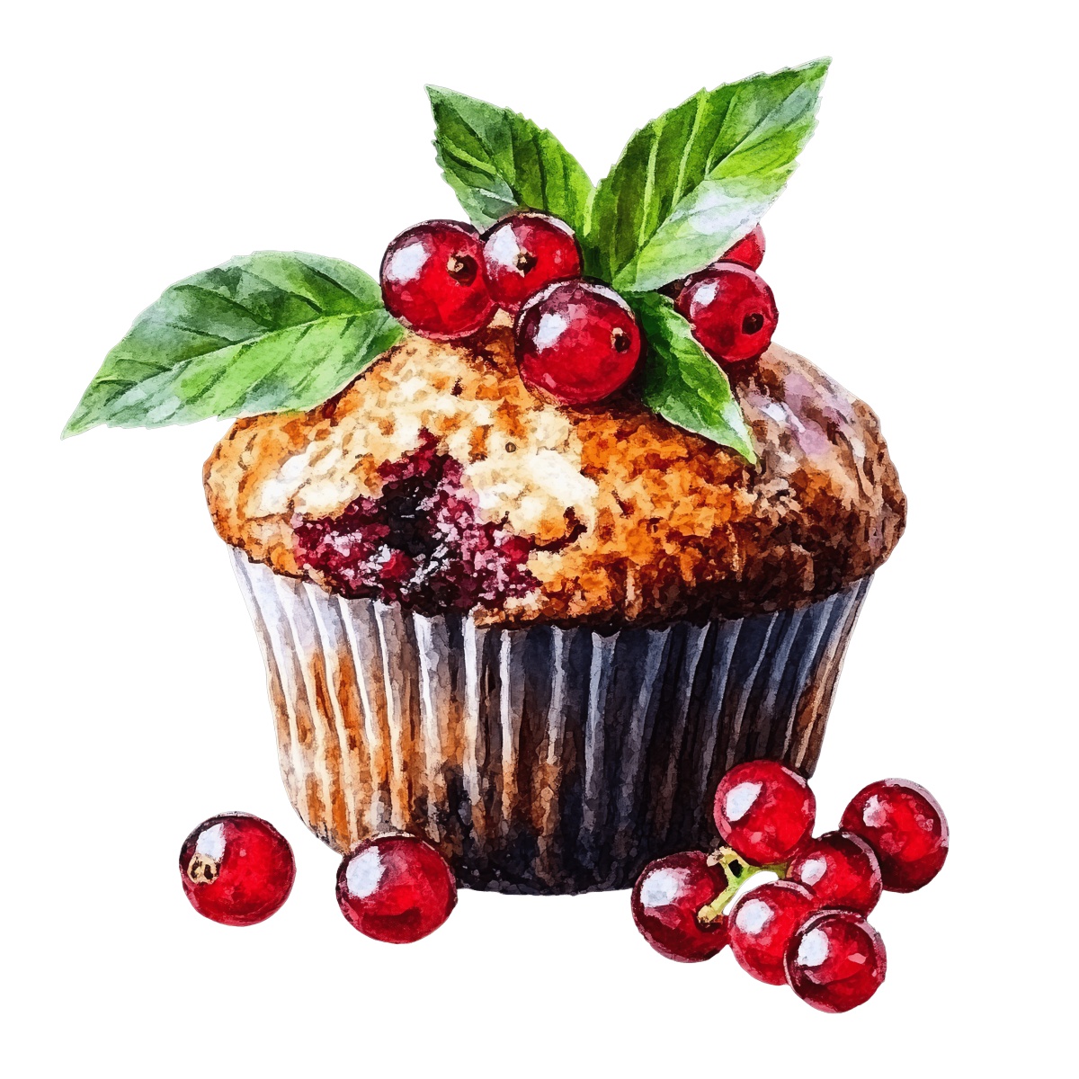 Muffin with red currants and green leaves on top.