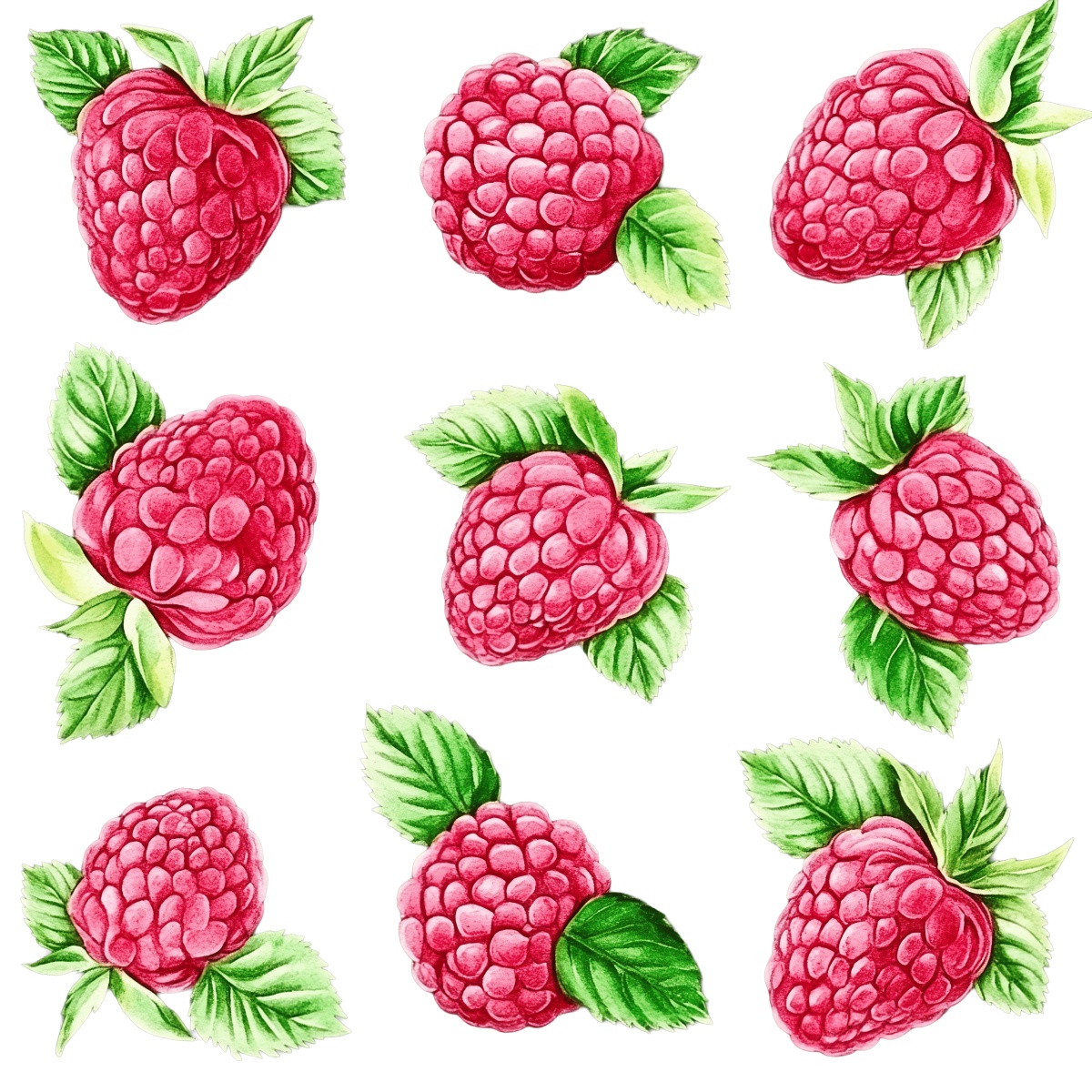 Artistic depiction of raspberries with green leaves in a pattern.