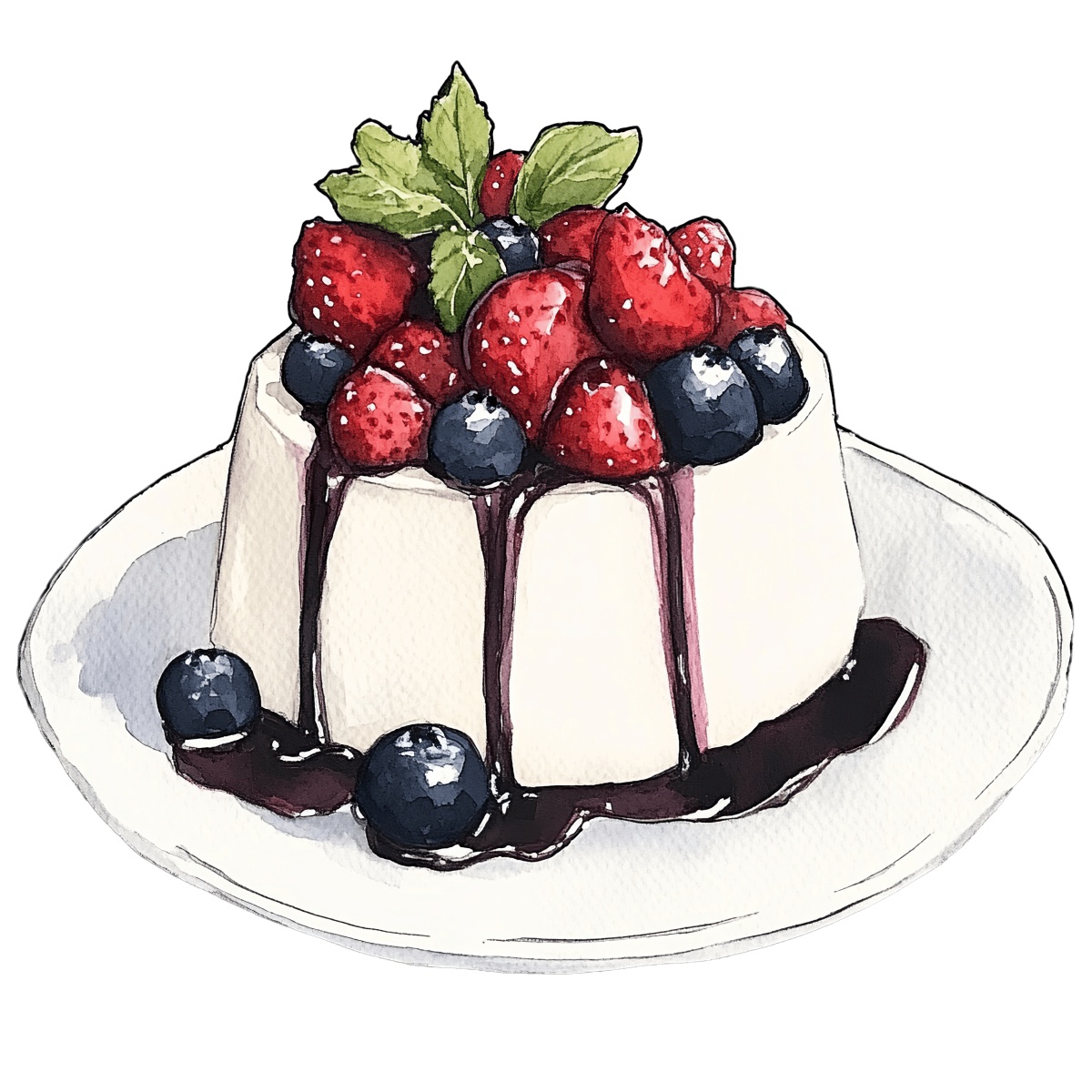 Panna cotta dessert garnished with fresh berries and mint leaves on a plate