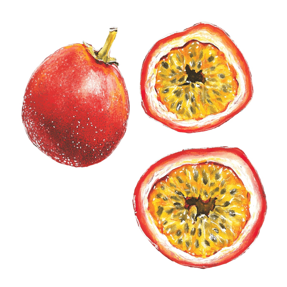 Passion fruit whole and halved, displaying vibrant colors and detailed texture.