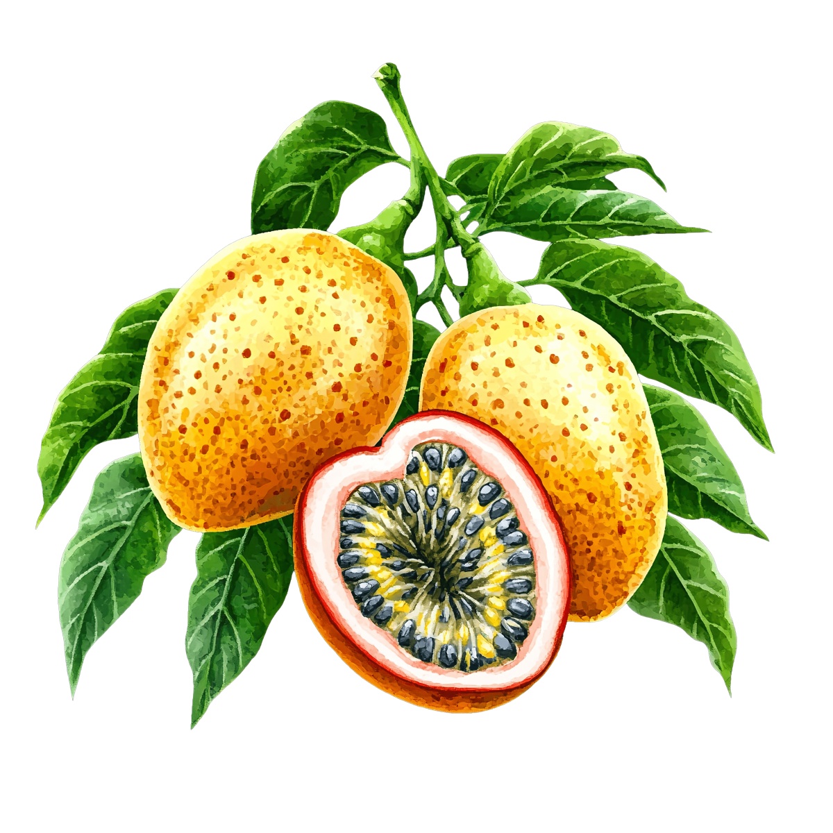 Passion fruit with green leaves and a halved section showing seeds