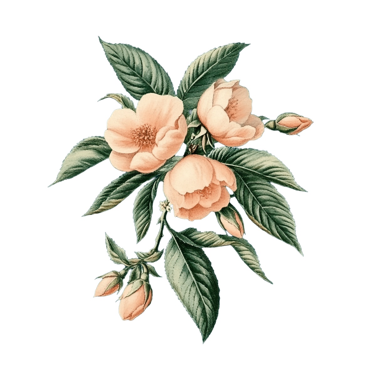 Peach camellia flowers with green leaves in a botanical style