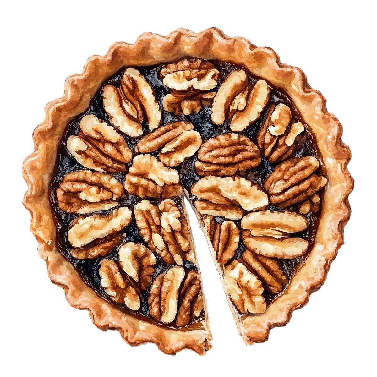 Pecan pie with a slice removed, revealing nut topping and crust