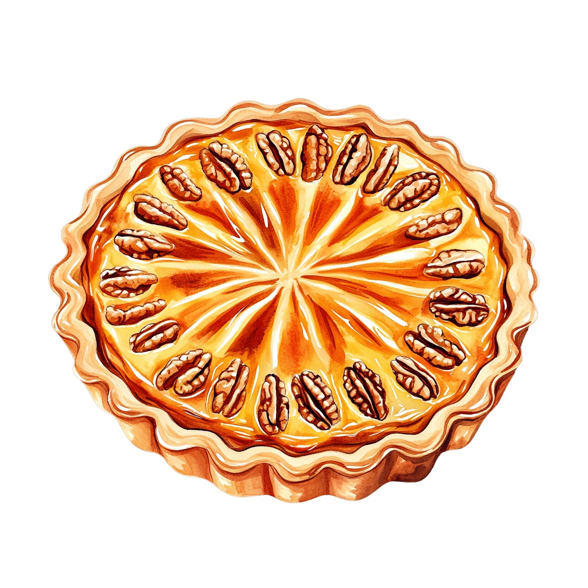 Pecan pie with a decorative arrangement of pecans on top of the crust