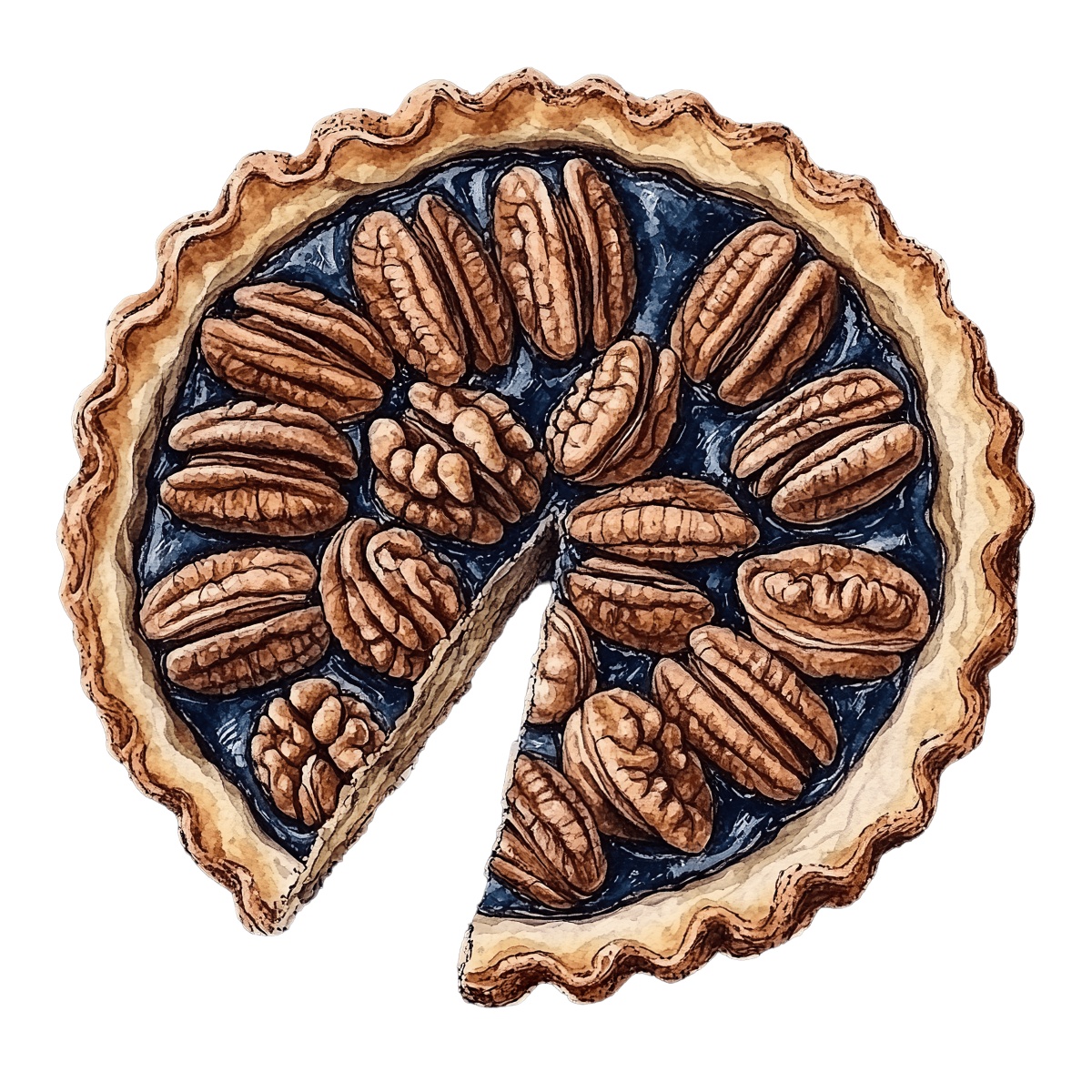 Pecan pie with a slice removed, showcasing nut topping and crust