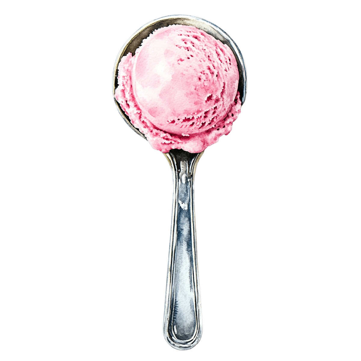 A scoop of pink ice cream rests in a silver spoon.