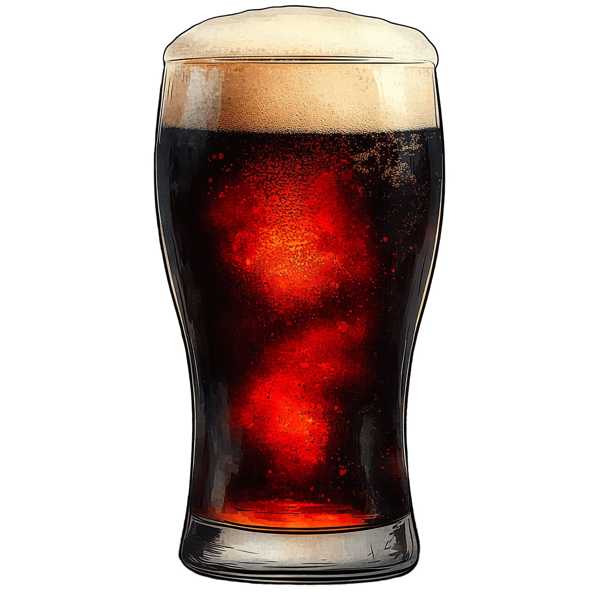 Pint glass filled with dark beer and topped with foam.