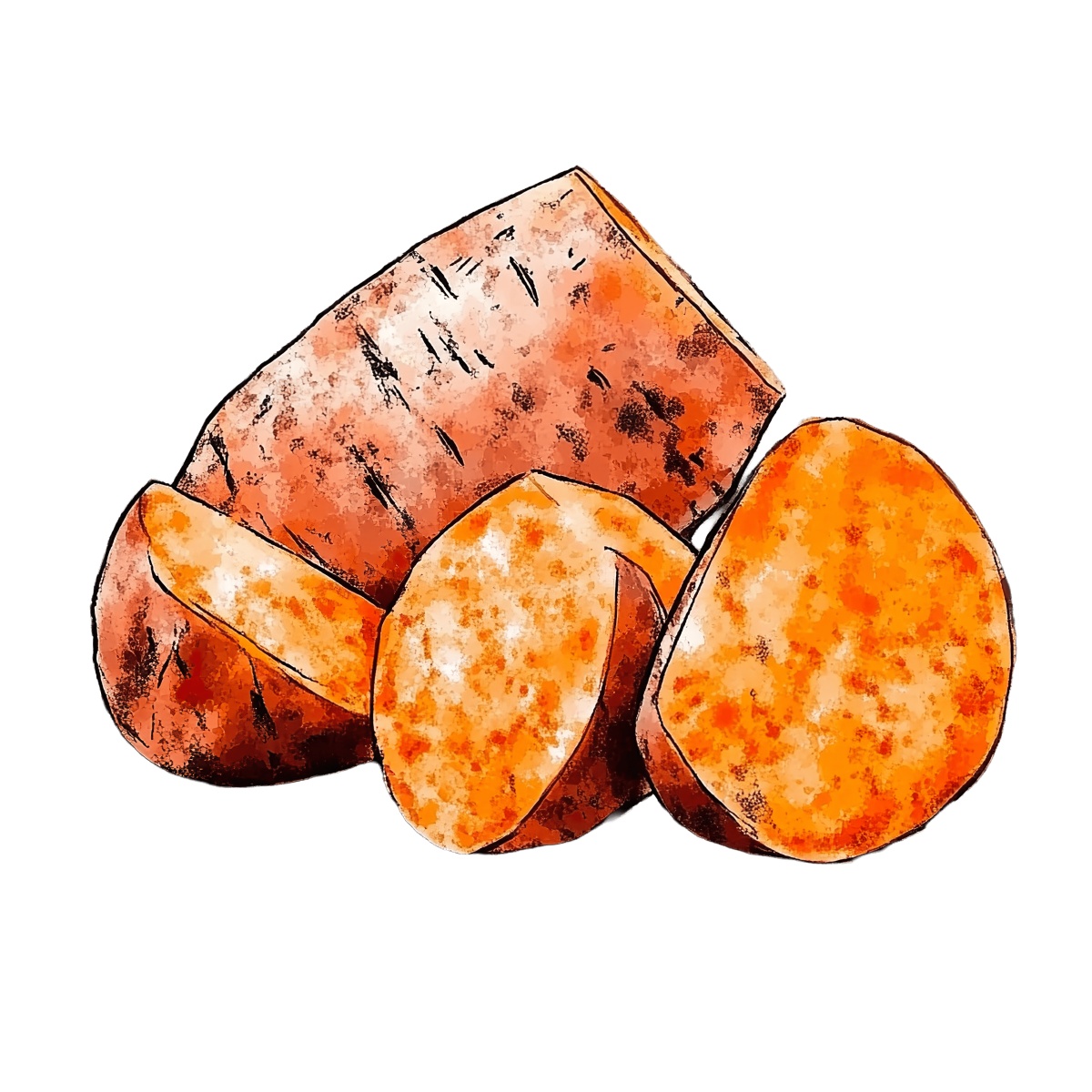 Sweet potatoes shown whole and sliced in a digital clipart style.