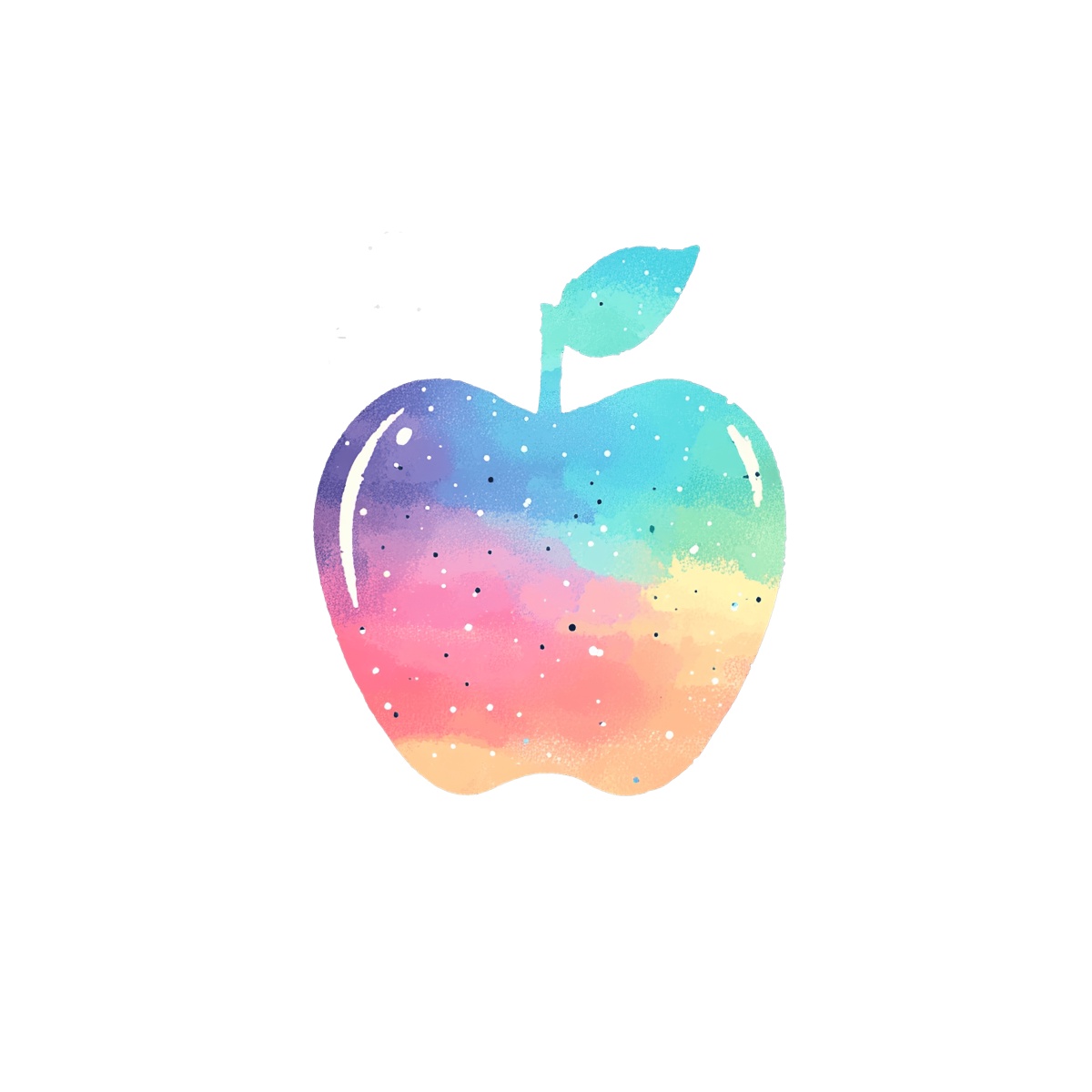 Rainbow gradient apple with a leaf in watercolor style clipart.