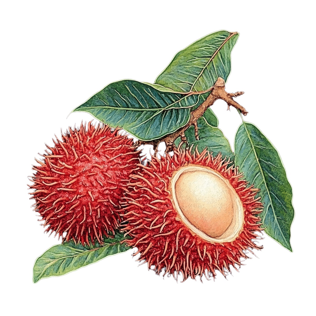 Rambutan fruit with spiky red skin and green leaves displayed