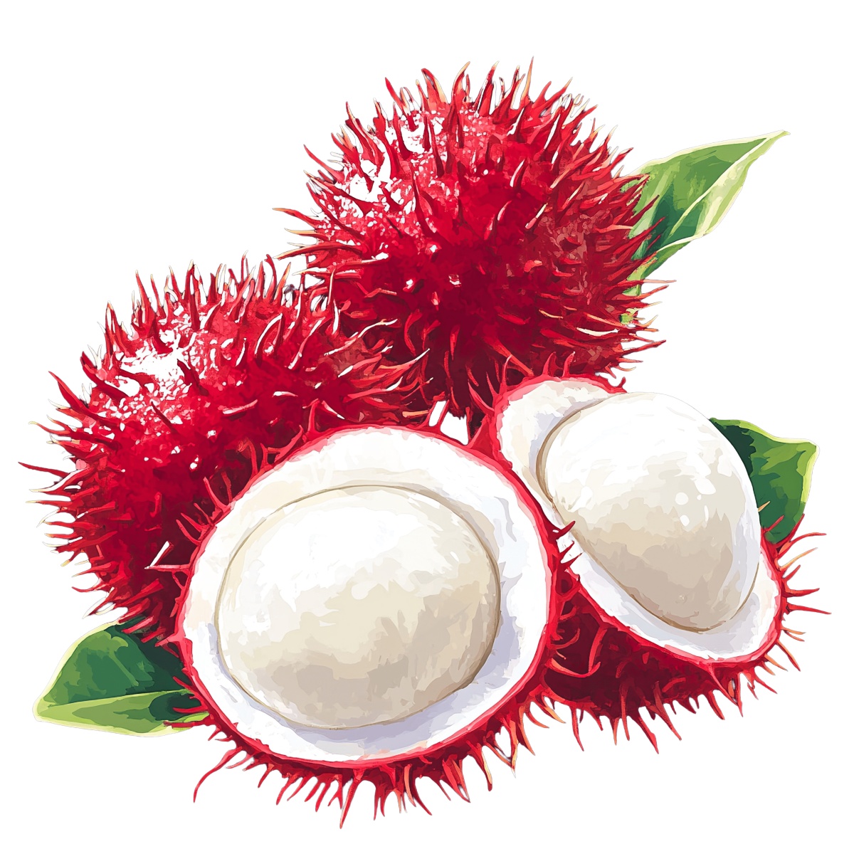 Rambutan fruit with red spiky skin and white flesh inside