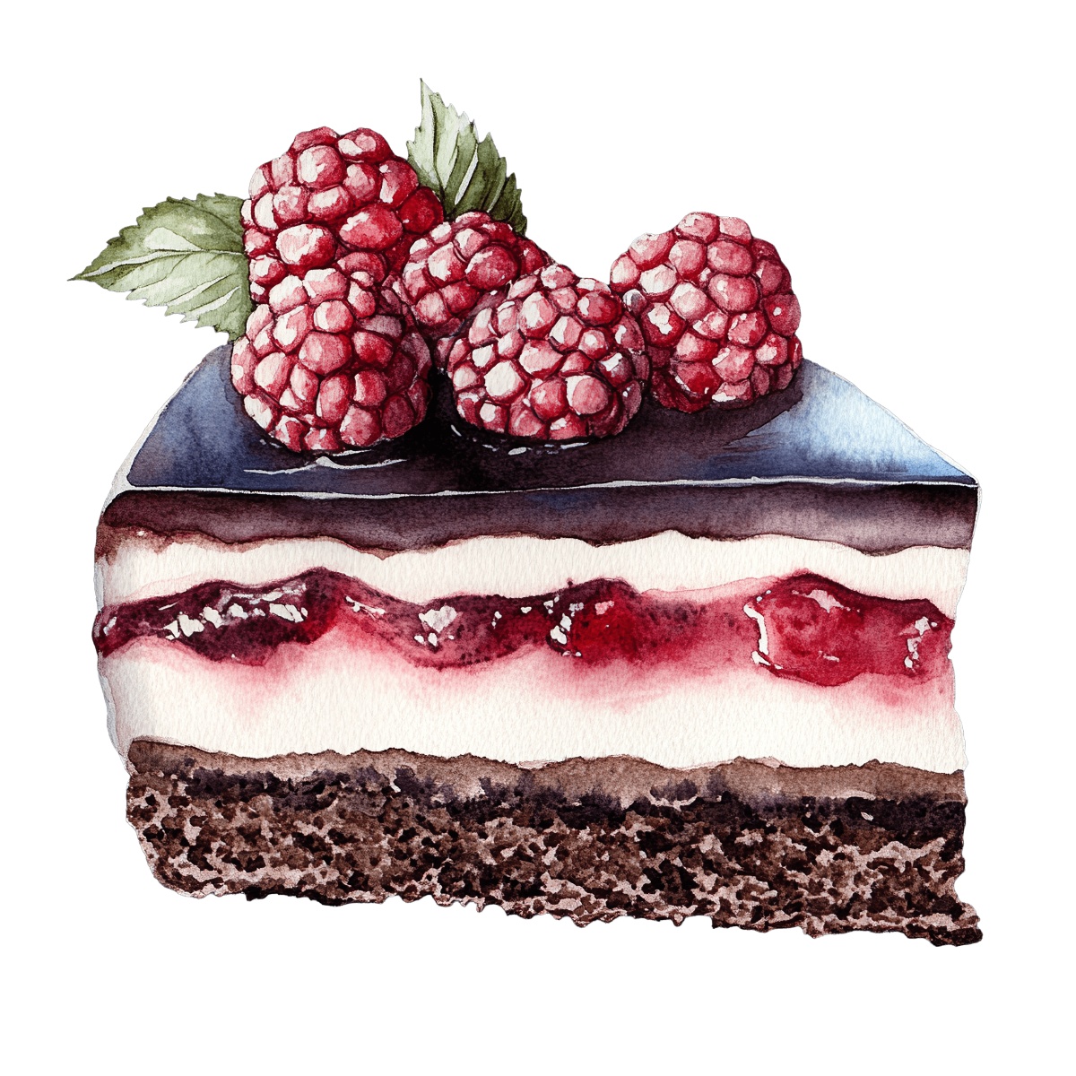 Slice of chocolate cake with cream and raspberry topping.