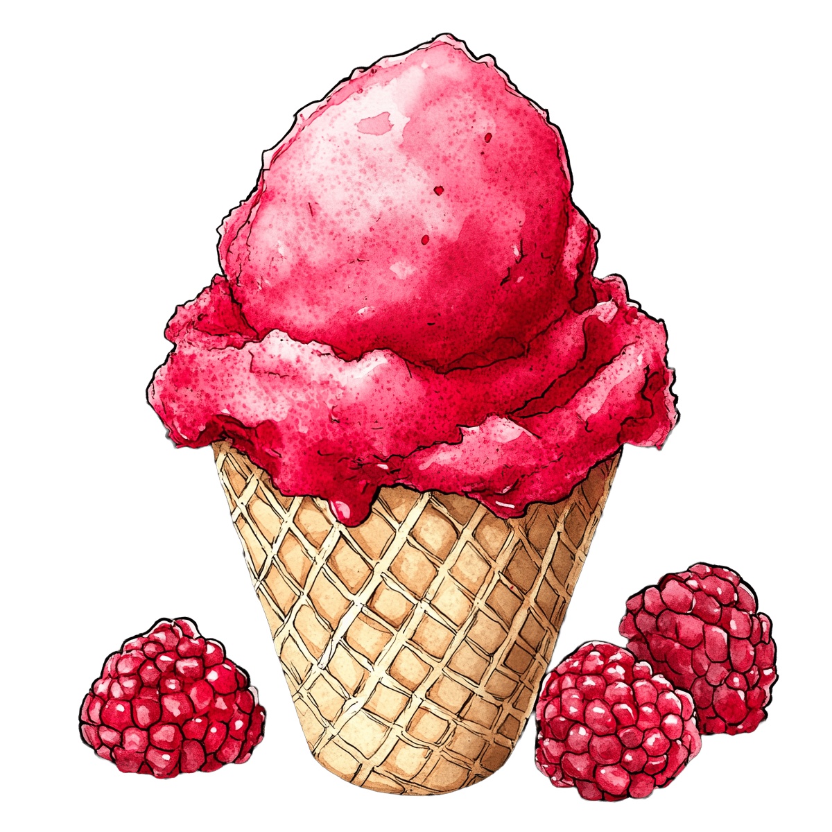 Raspberry ice cream in a waffle cone with fresh raspberries.