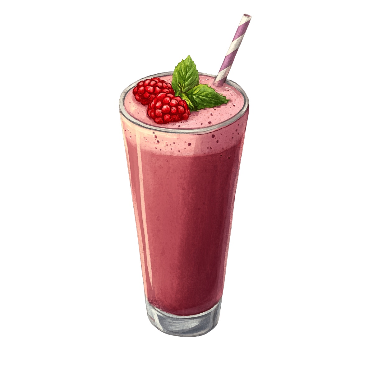 Raspberry smoothie in a tall glass with mint and a straw.