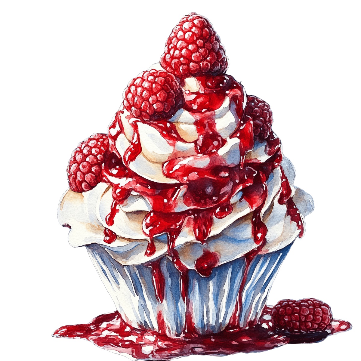 Cupcake with raspberries and red sauce on whipped cream topping.