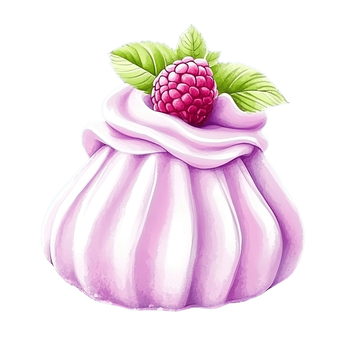 Pink meringue dessert with raspberry and green leaves on top.