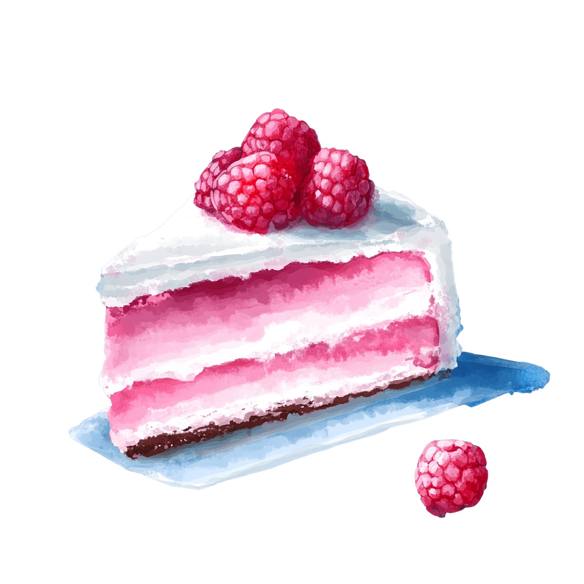 Slice of pink cake with raspberries on top and white icing.