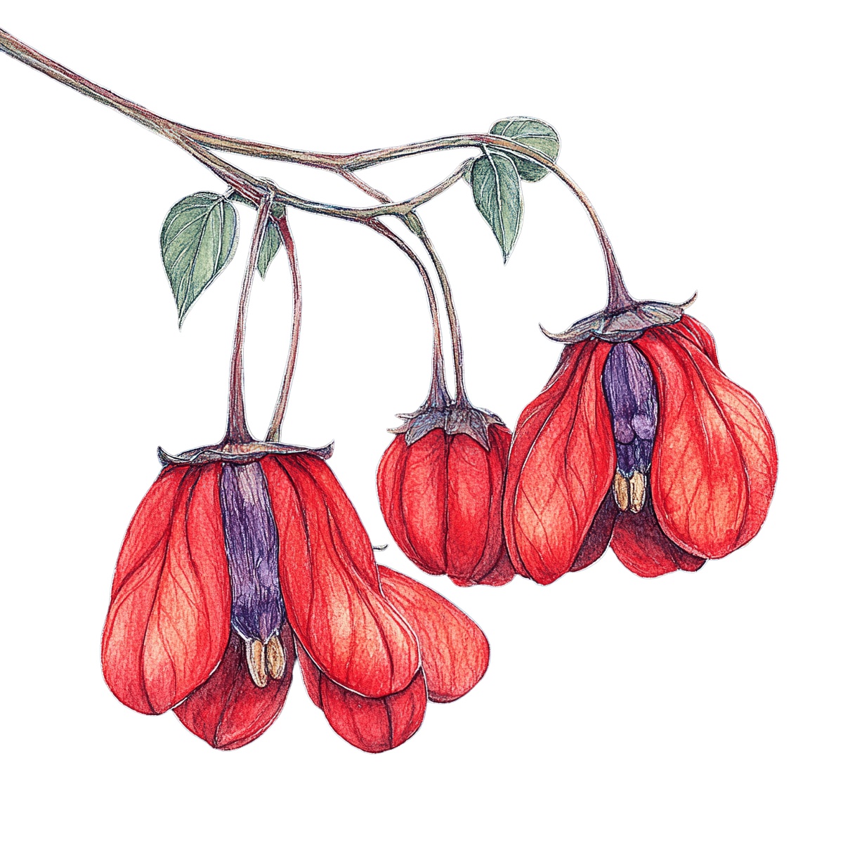 Red abutilon flowers with green leaves on a branch.