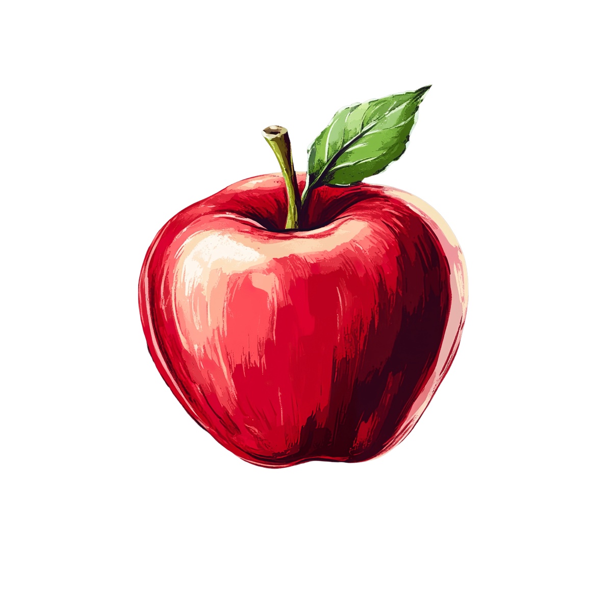 Red apple with a green leaf on its stem.