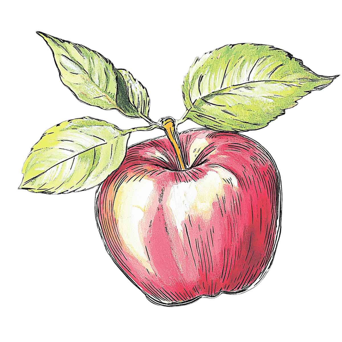 A red apple with green leaves.