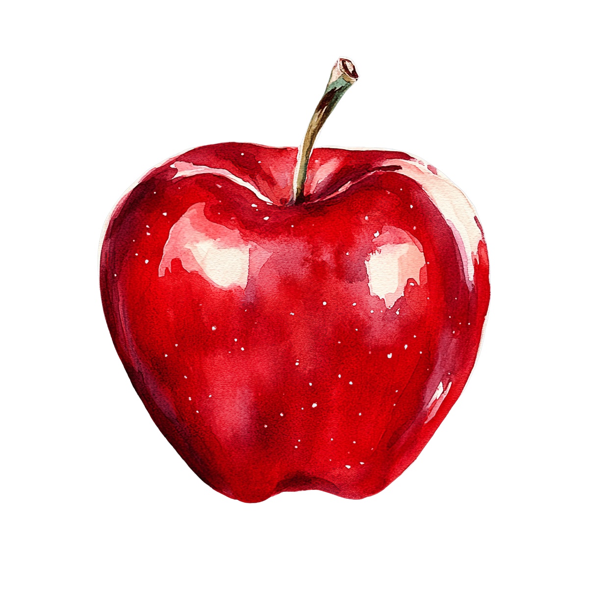 Red apple with a stem in a realistic watercolor style.