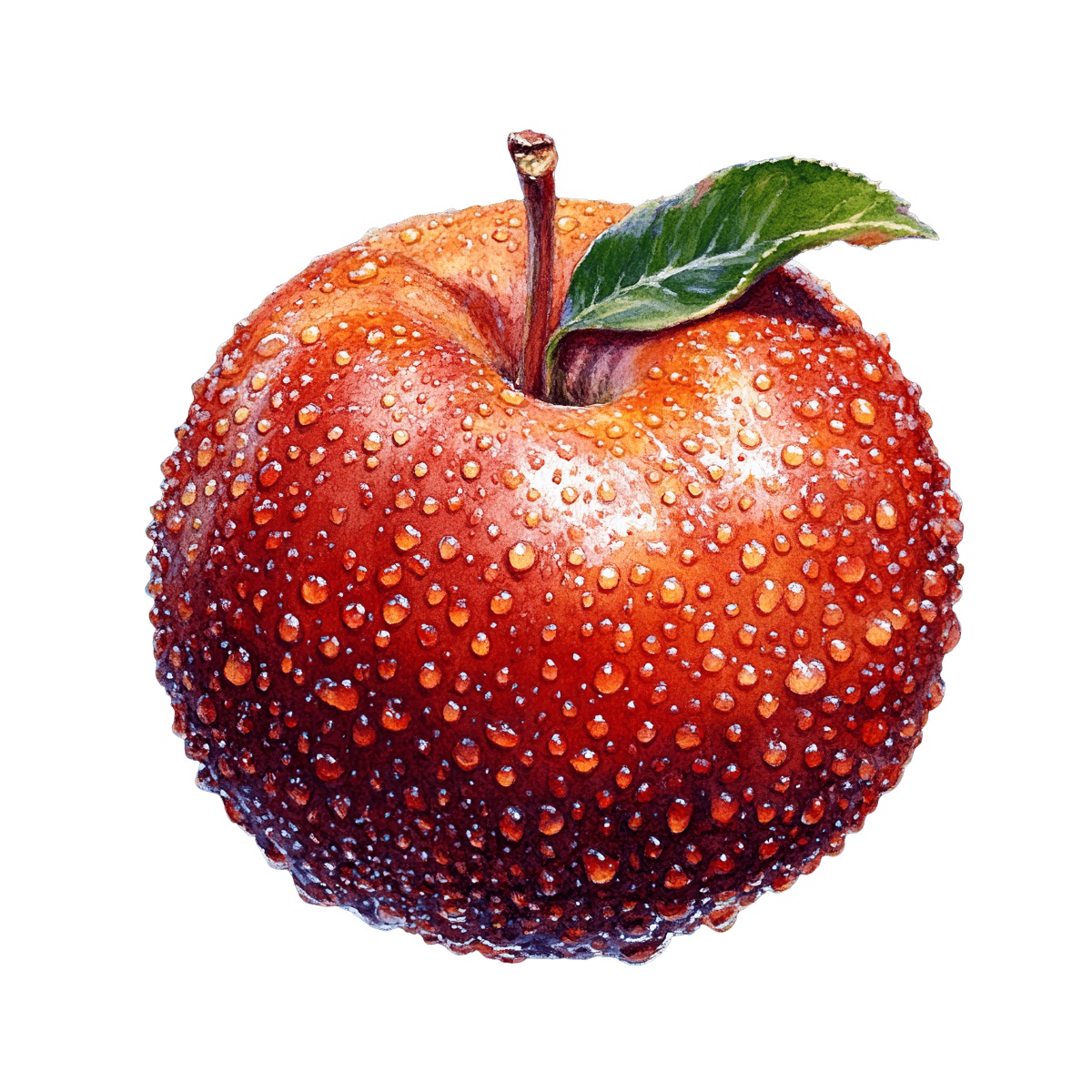 Red apple with water droplets and a green leaf on top.