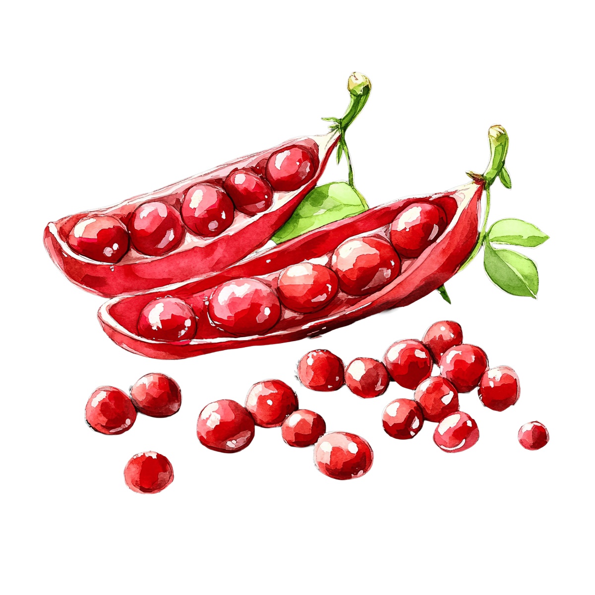 Red bean pods with scattered beans and green leaves.