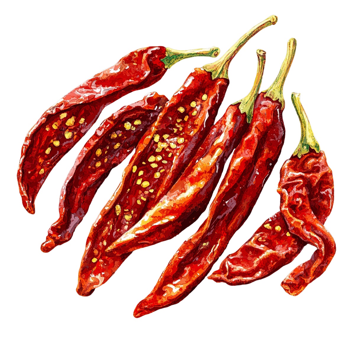 Red chili peppers with seeds and green stems on display.