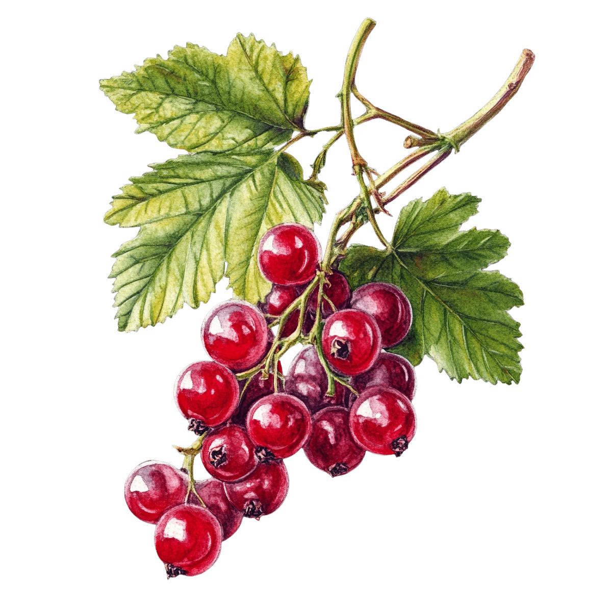 Red currant berries with green leaves on a stem.