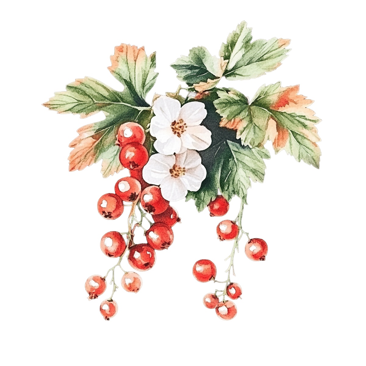 Red currants and white flowers with green leaves in a botanical style