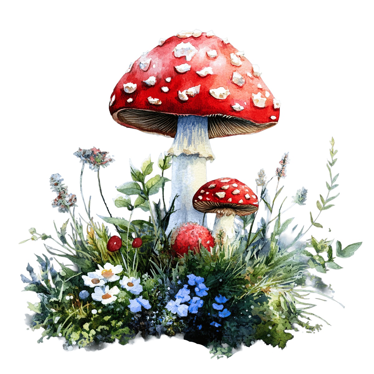 Red mushrooms with white spots surrounded by wildflowers and greenery