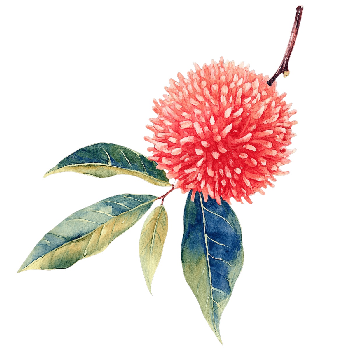 Red spiky flower with green leaves on a branch.