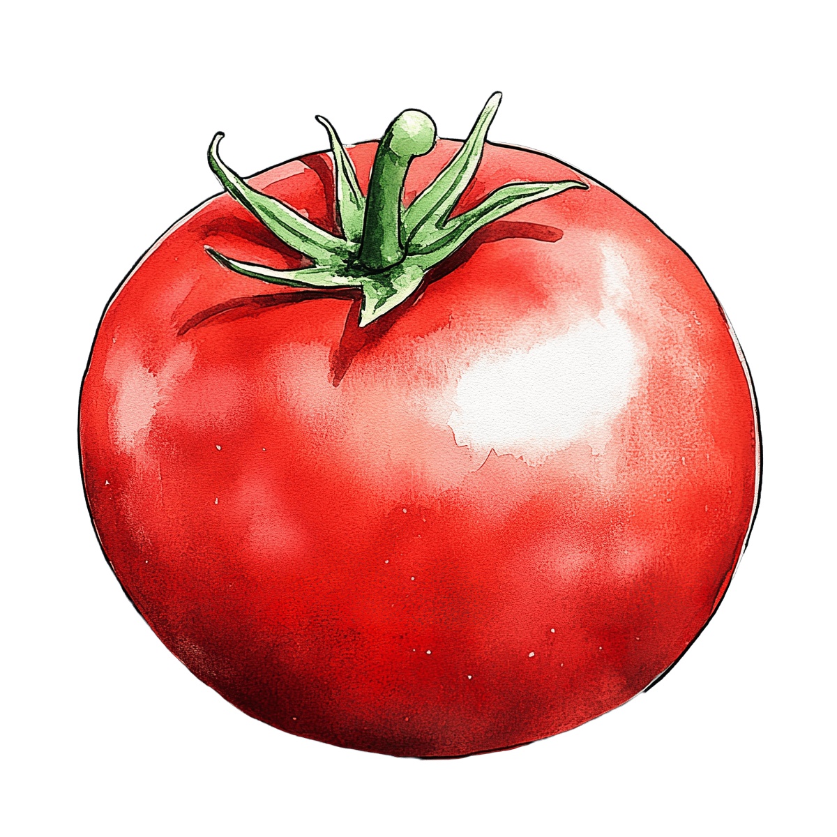 Red tomato with green stem in a watercolor style clipart