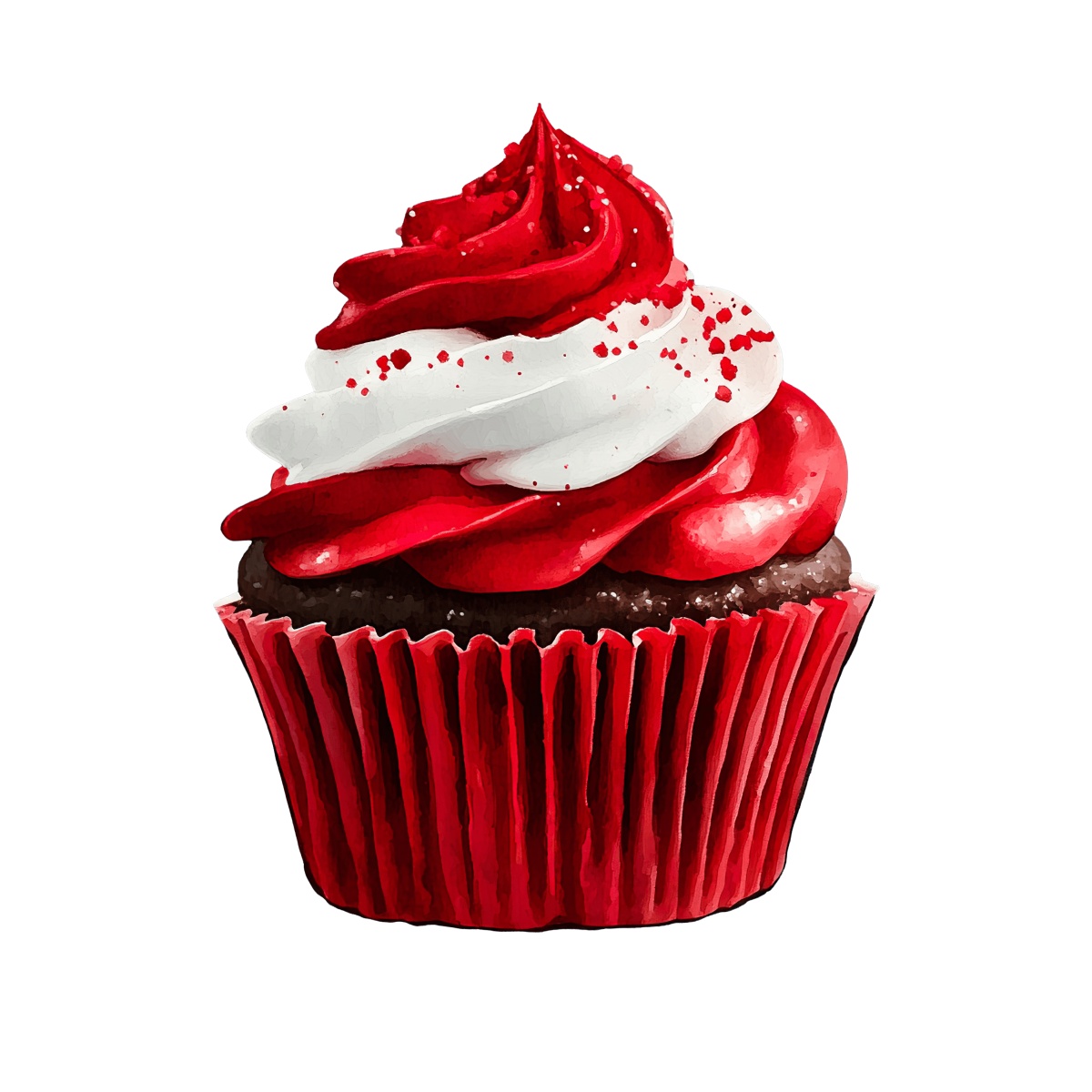 Red velvet cupcake with red and white swirled frosting and sprinkles.