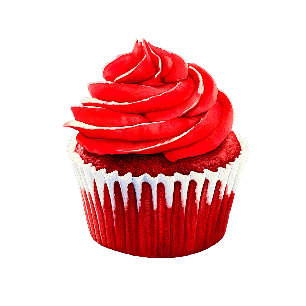 Red velvet cupcake with swirled red frosting in a paper liner.