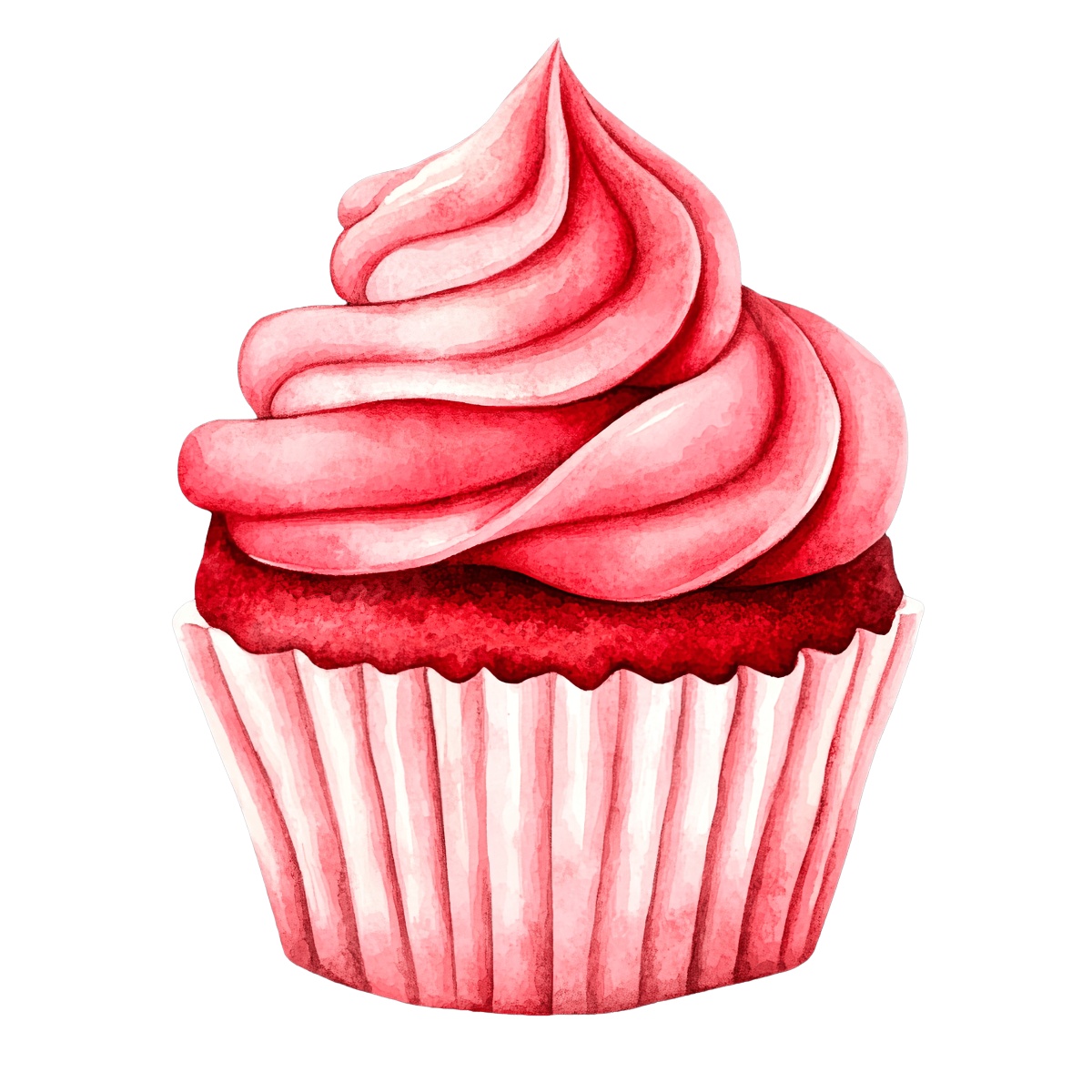 Red velvet cupcake with pink swirled frosting on top.