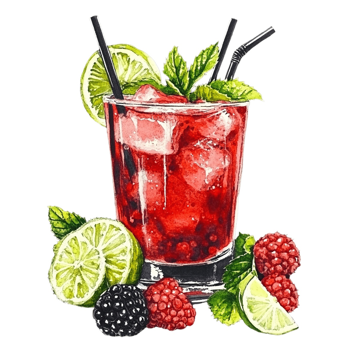 Berry cocktail with lime slices and mint leaves in a glass.