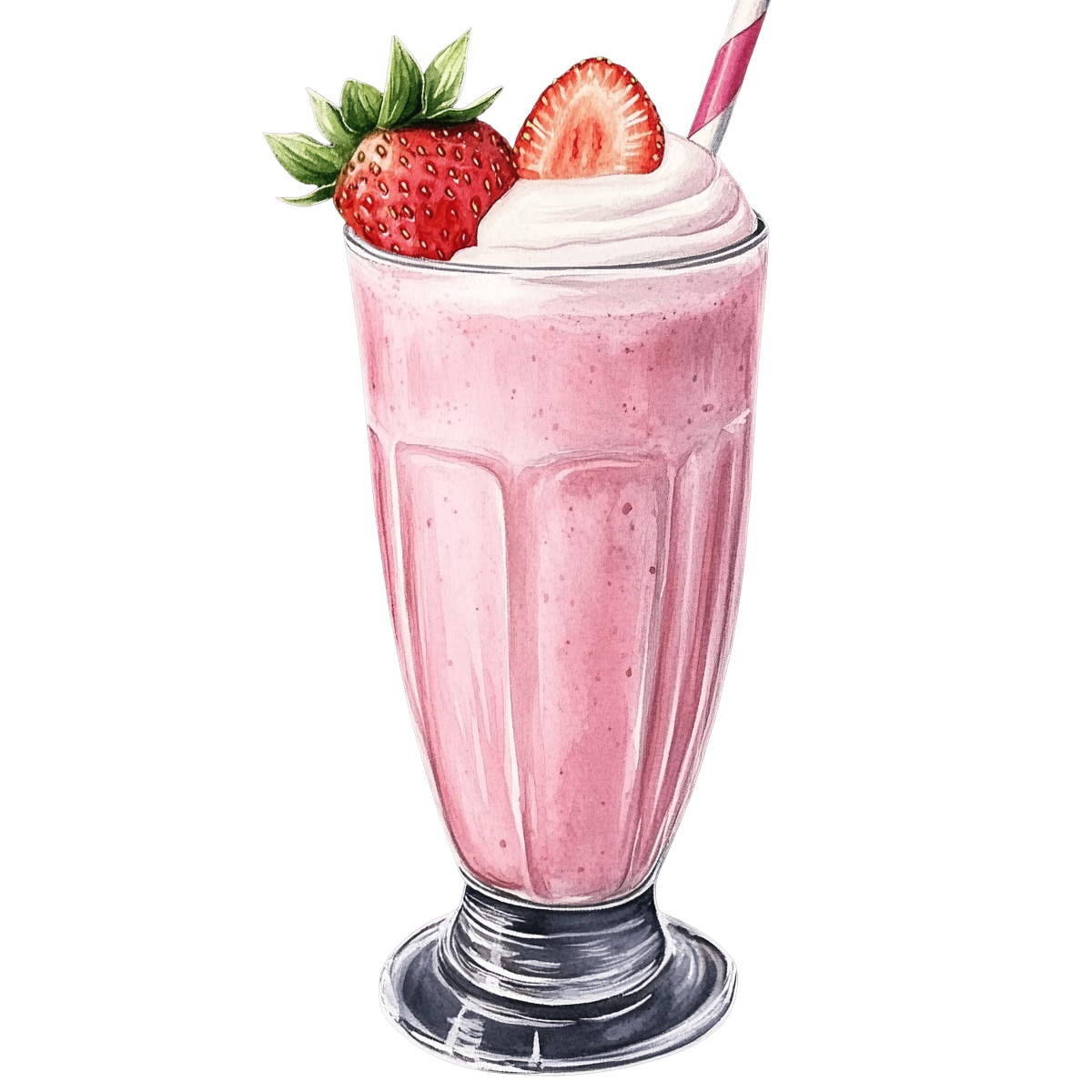 Strawberry milkshake in a tall glass with a straw and fresh strawberries.