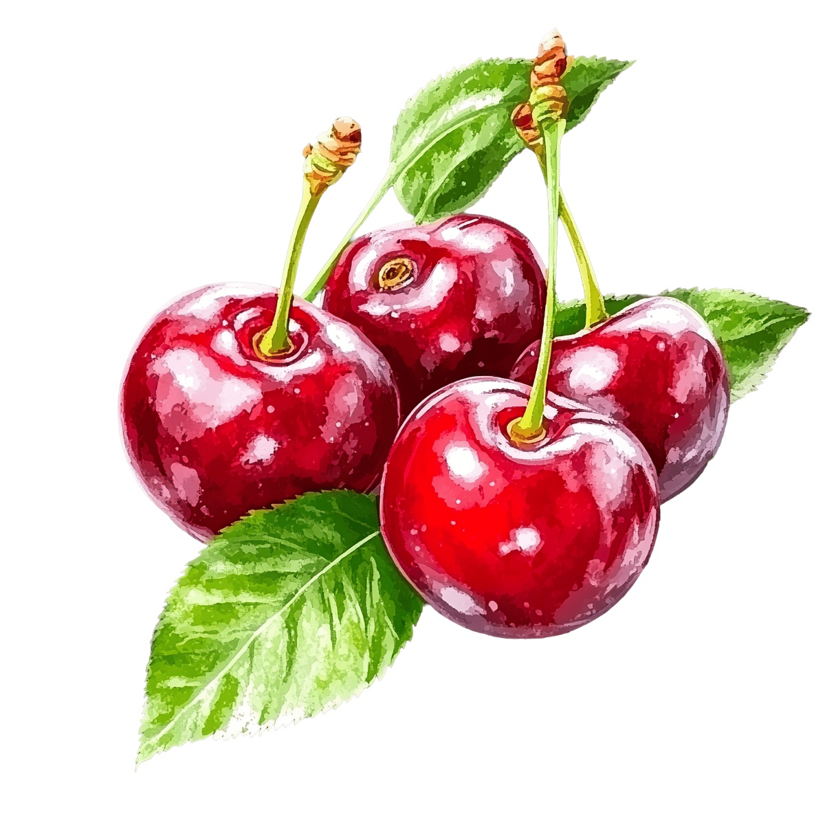 Ripe red cherries with green leaves in a watercolor style.