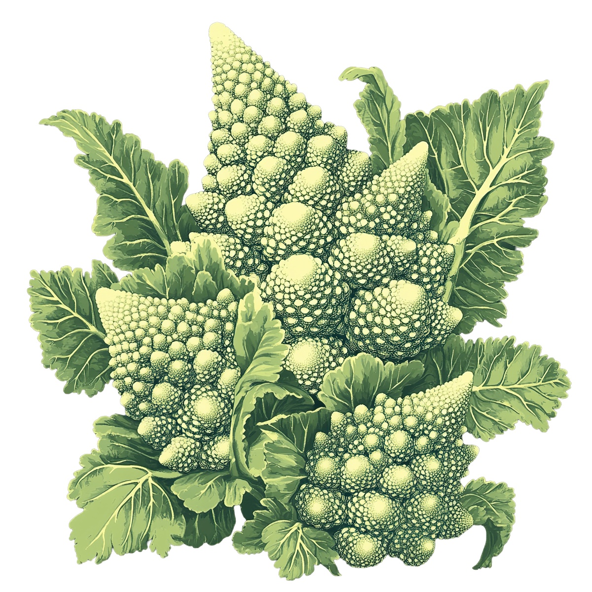 Romanesco broccoli with geometric patterns and green leaves.