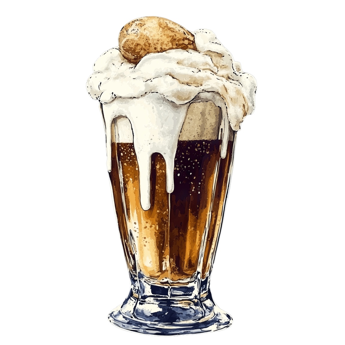 Root beer float with ice cream topping in a tall glass.