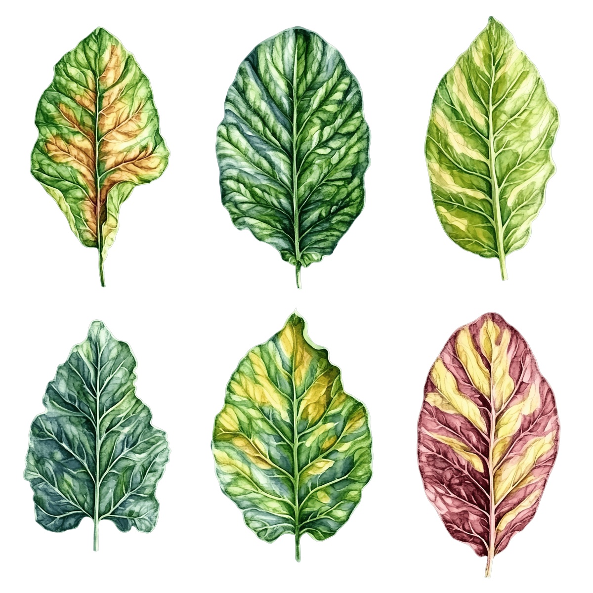 Six leaves with diverse colors and patterns displayed in a row.