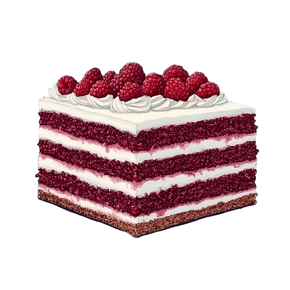 Red velvet cake slice with cream and raspberries on top.